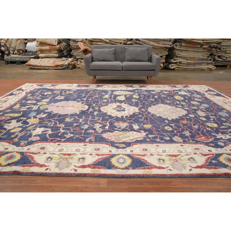 Hand Knotted Oriental 100% Wool Carpet Transitional Floral Navy Blue & Blues Oushak Area Rug - 13' 6'' X 10' 5''