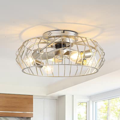 19.7" Vintage Silver Metal 6-Speed Caged Ceiling Fan with Light Kit, Remote and App