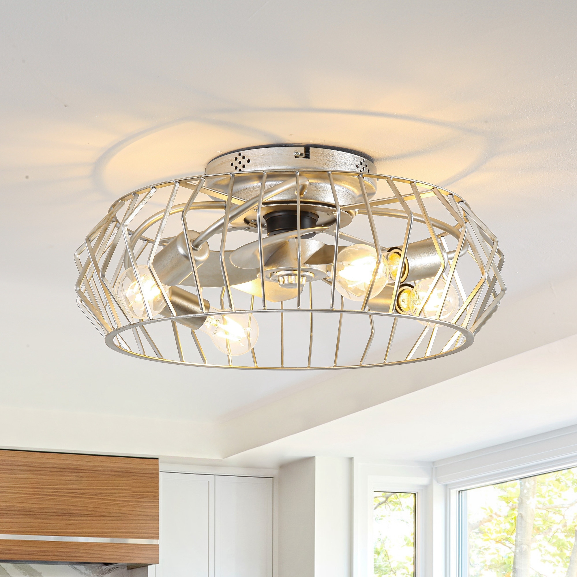 19.7" Vintage Silver Metal Caged Smart Fandelier Ceiling Fan with Remote and App Control