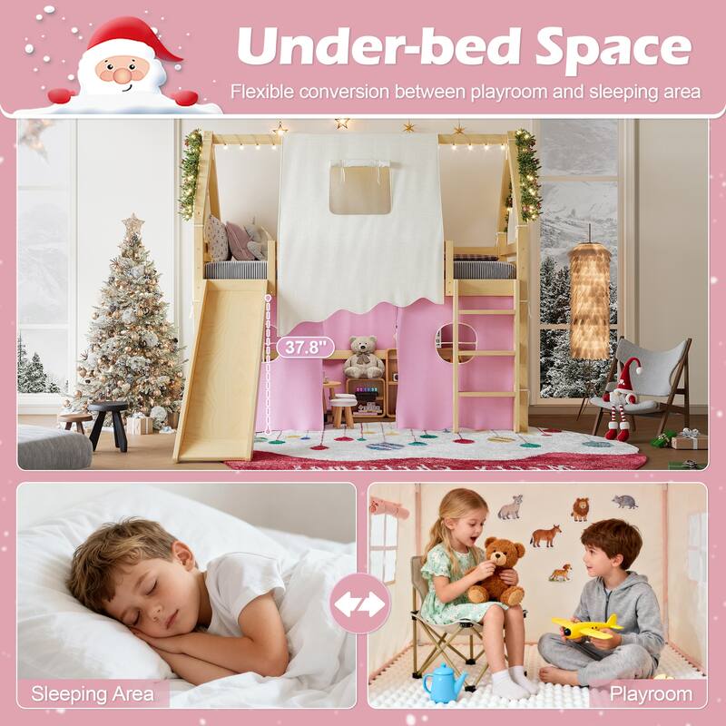 Roomfitters House Loft Bed with Slide and Tent, Solid Wood Frame with Lights