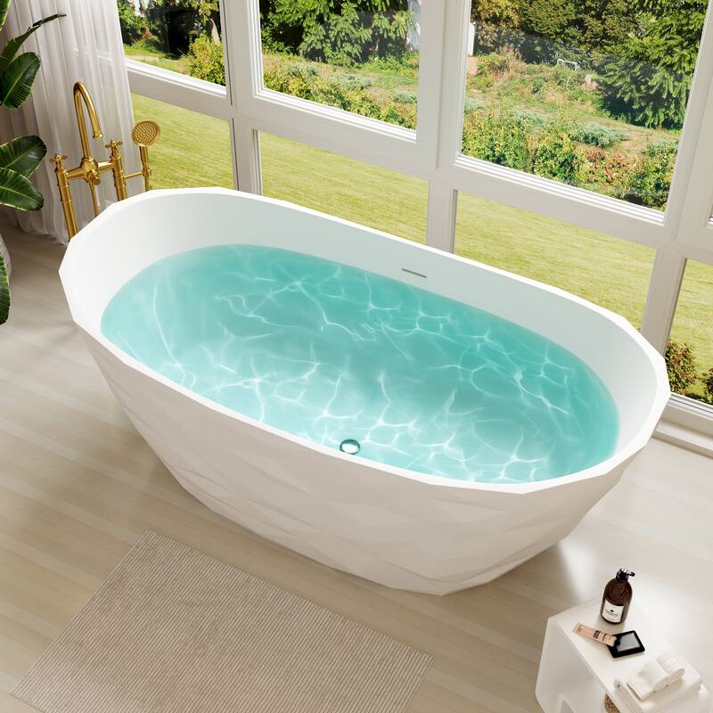 64 in. Freestanding Solid Surface Soaking Bathtub in Matte White, Elegant Oval Design with Center Drain