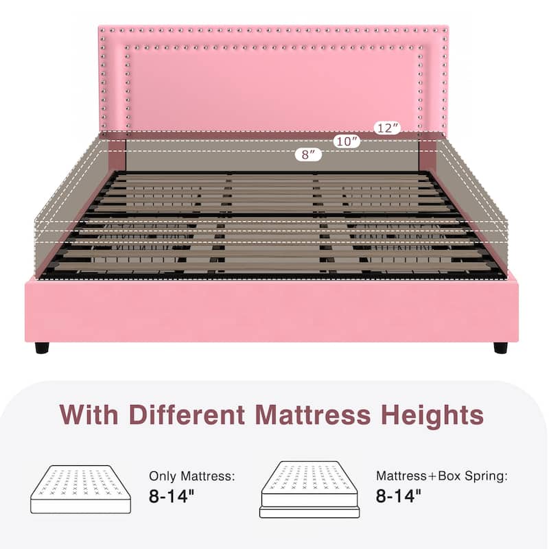 VECELO Upholstered Storage Bed Frames with 4 Storage Drawers Platform Bed Frame with Adjustable Velvet Rivets Headboard