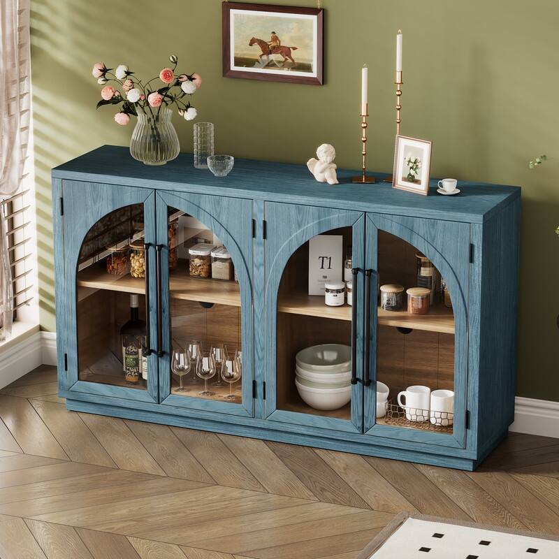 Retro Style Wood Buffet Sideboard with 4 Arched Glass Doors, Kitchen Storage Side Cabinet with Adjustable Shelves