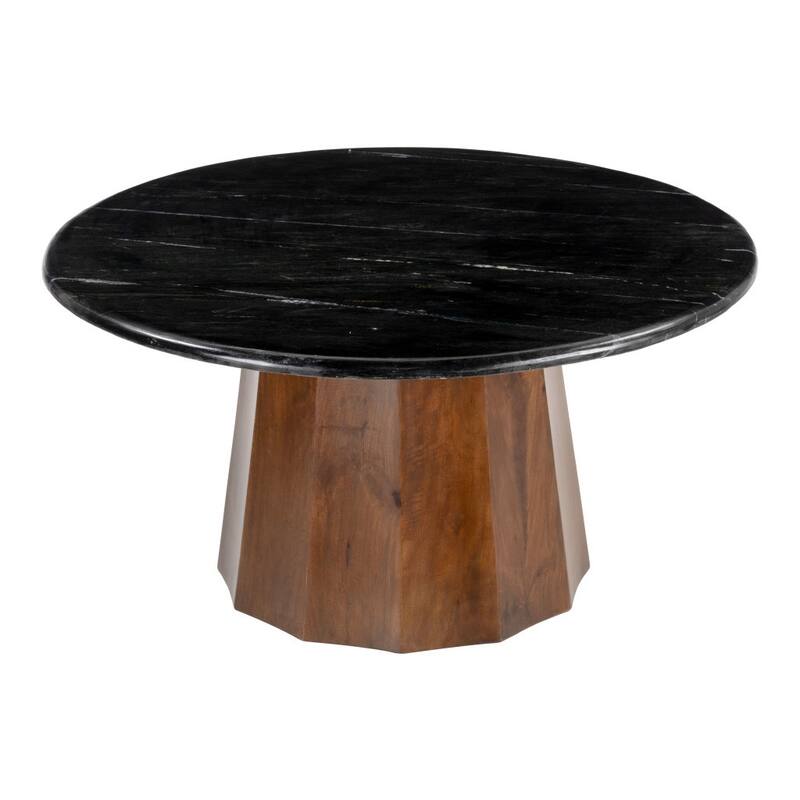 HomeRoots 35" Black and Walnut Genuine Marble and Solid Wood Round Pedestal Coffee Table - 35.00 in. x 18.10 in. x 35.00 in.