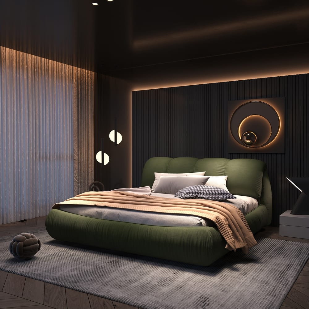 King Size Platform Bed Frame Luxury Low Profile Bed with Oversized Backrest, Modern Upholstered Bed with Wooden Slats Support