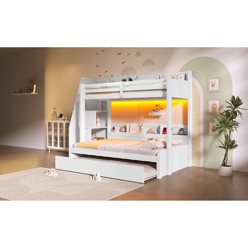 Roomfitters Twin Over Full Bunk Bed with Storage Staircase, Trundle, LED and USB