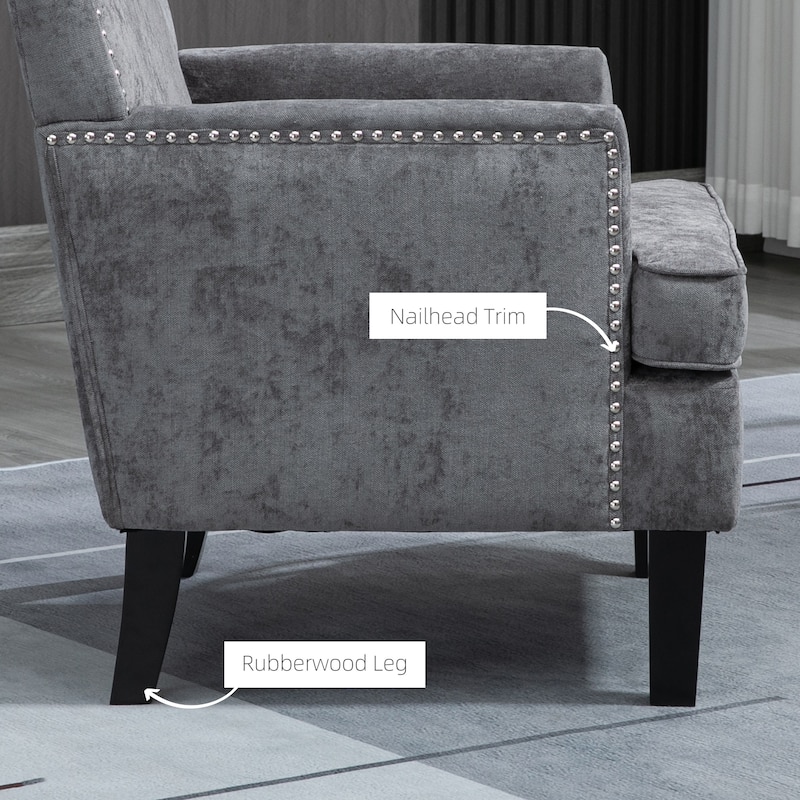 HOMCOM Modern Accent Chair, Upholstered Living Room Chair with Solid Wood Legs and Nailhead Trim, Dark Gray