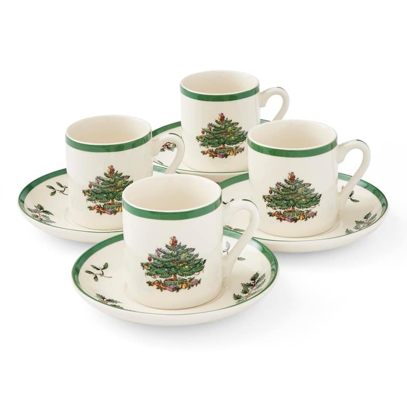 Spode Set of 4 Christmas Tree Espresso Cup and Saucer - 3 oz - 3 oz - Multicolored