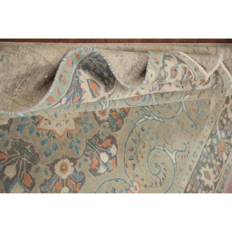 Hand Knotted Oriental 100% Wool Carpet Traditional Floral Green Tabriz Area Rug - 9' 5'' X 6' 2''