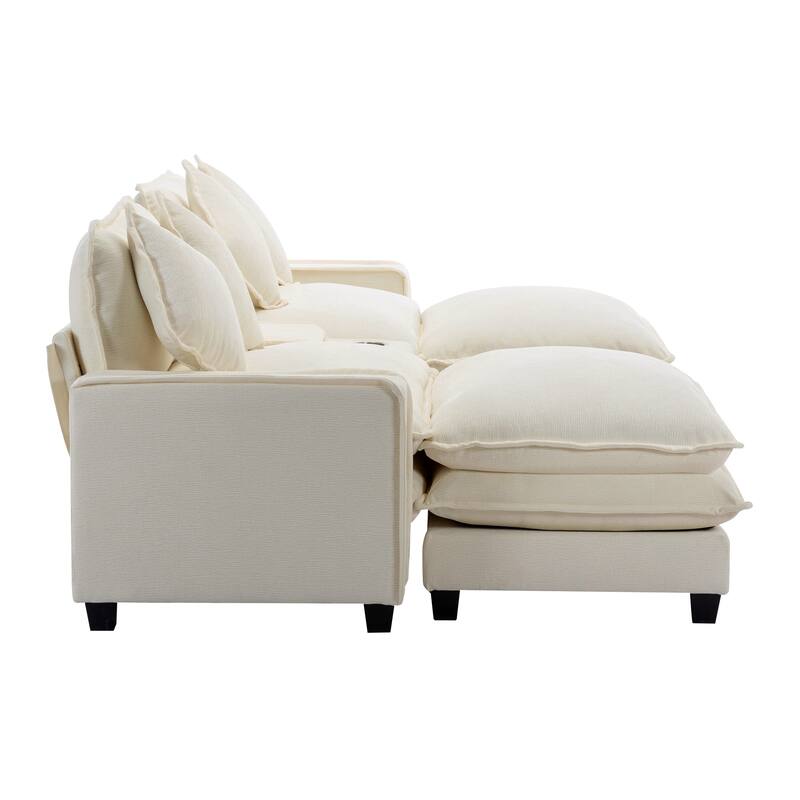 111" Chenille Sectional Sofa with 2 Ottomans, USB Ports and Storage - 4-Seater and Pocket Spring Cushions Cup Holders
