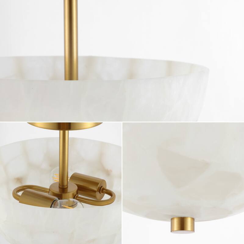 Jules 11.88" 2-Light Modern Alabaster/Iron Inverted Dome LED Semi Flush Mount, White Marbling/Brass Gold by JONATHAN Y