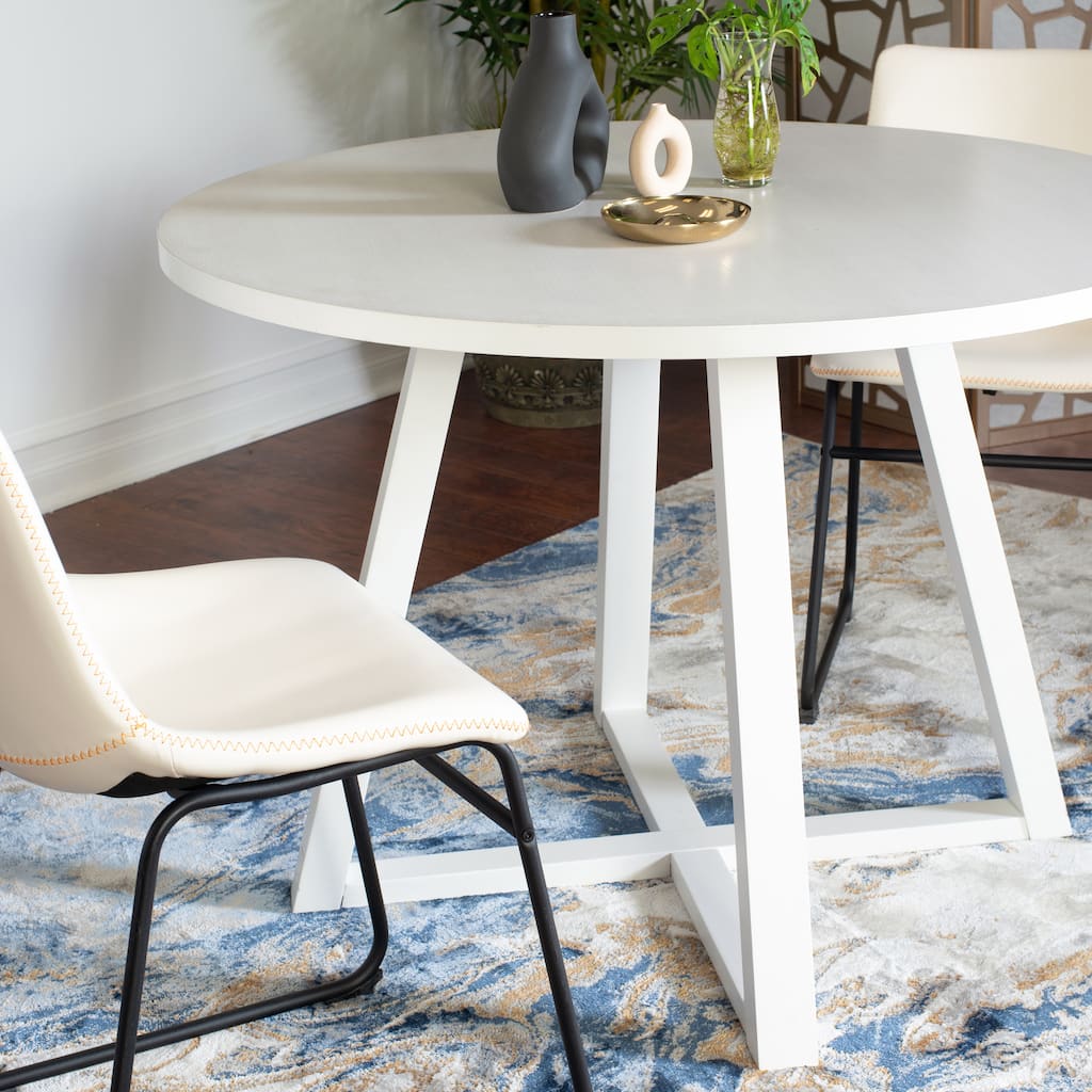 Stylish Dining Table and Chair Set, White Round Dining Table with Trestle, Leather Barrel Chairs with Sled Base