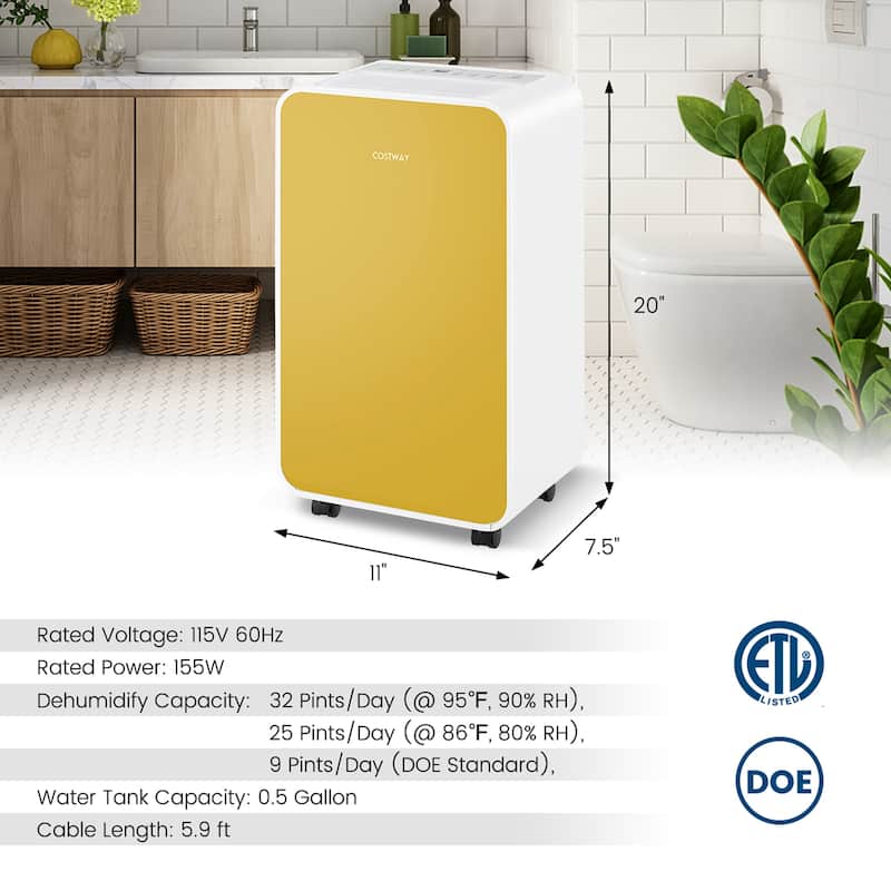 Dehumidifier 32 Pints/Day 3 Modes Portable 2500 Sq.Ft Blue/Pink/Yellow