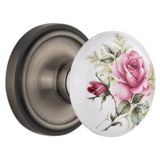 Nostalgic Warehouse Vintage Porcelain Painted Rose Privacy Door Knob - Antique Pewter