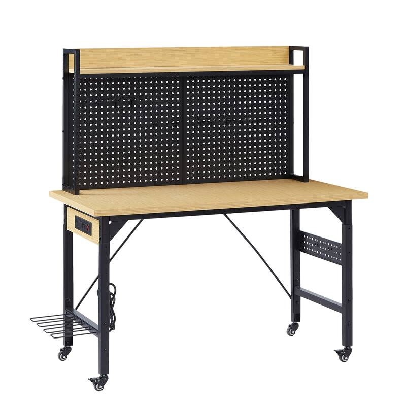48''Adjustable Workbench with pegboard,Heavy Duty Wooden Desktop Workbench with Wheels,1600 lb.Load Capacity,with AC/USB Outlet
