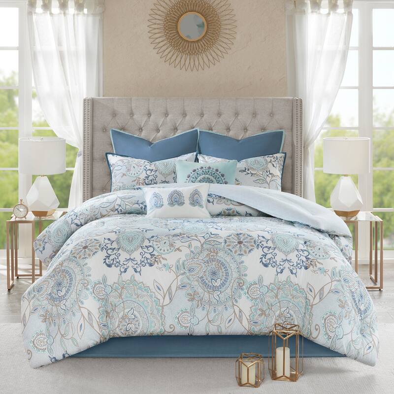 Madison Park Loleta 8 Piece Cotton Floral Printed Reversible Comforter Set - Blue - King
