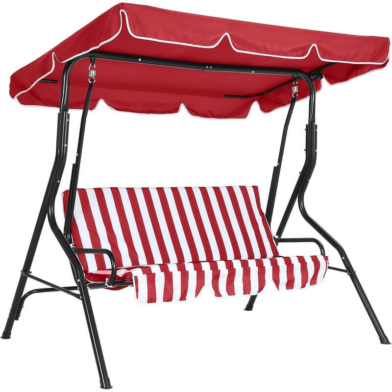 3-Seat Patio Outdoor Porch Swing Chair with Adjustable Canopy for Backyard Lawn Garden - Red