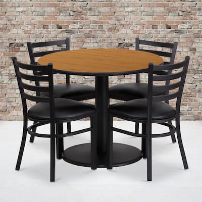 36'' Round Laminate Table Set with Round Base and 4 Ladder Back Metal Chairs