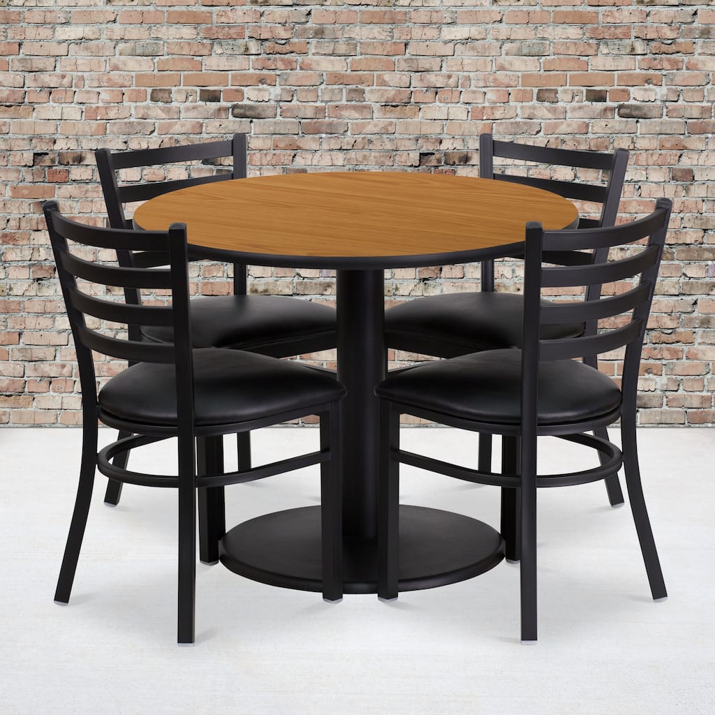 36'' Round Laminate Table Set with Round Base and 4 Ladder Back Metal Chairs