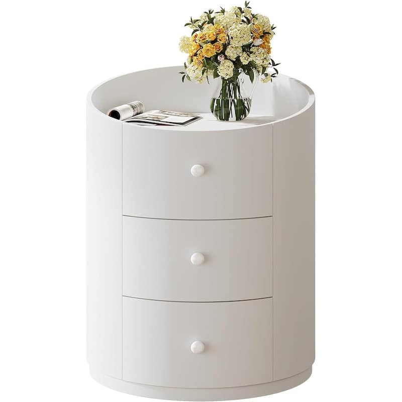 White Modern Wood Round Nightstand Bed Side Table with 3 Drawers