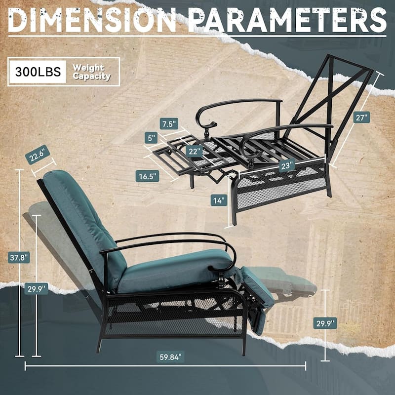 2 Piece Outdoor Metal Patio Adjustable Recliner Lounge Chairs with Retractable Steel Frame and Removable Thick Cushion