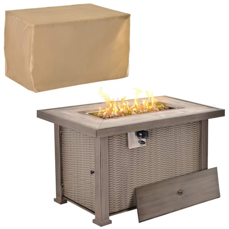 42 Inch Grey Propane Fire Pit Table with 50000 BTU Burner Tile Top Lid Lava Rocks Hidden Tank - 42" L x 25.75" W x 24.5" H - Grey