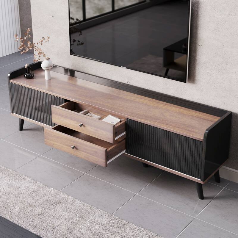 TV Stand Entertainment Console with Open Shelving and 2 Cabinets, Sliding Doors for TVs up to 70''