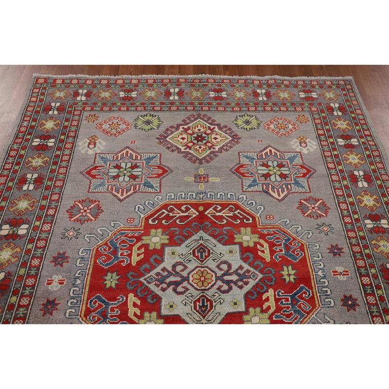 Gray Geometric Kazak Area Rug Living Room Handmade Wool Carpet - 5'7" x 7'3"