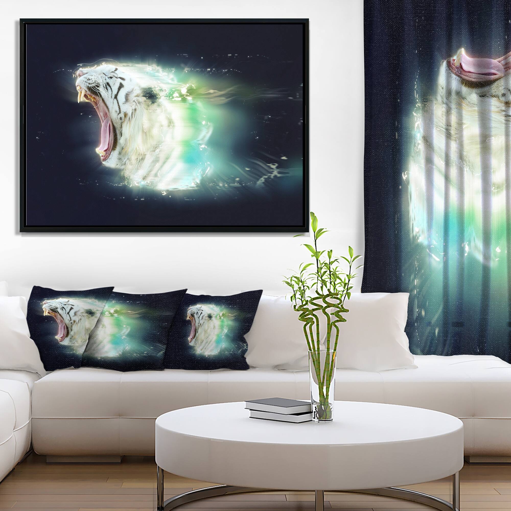 Designart "White Tiger with Open Jaws" Animal Framed Canvas Wall Art