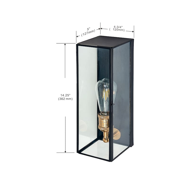 1 Light outdoor wall sconce with clear glass, Black exterior , gold interior Finish - 14.25"H x 4.75"W x 5"D - Black exterior Gold interior - 14.25"H x 4.75"W x 5"D