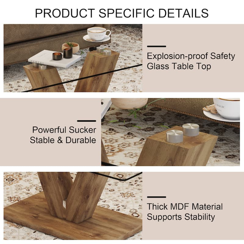 Transparent Tempered Glass Tabletop With Wooden Mdf Columns