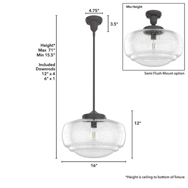 dimension image slide 0 of 4, Hunter 16" Saddle Creek 1 Light Pendant / Semi-Flush Mount Ceiling Light - Entry, Kitchen Island, Dining Room - Schoolhouse