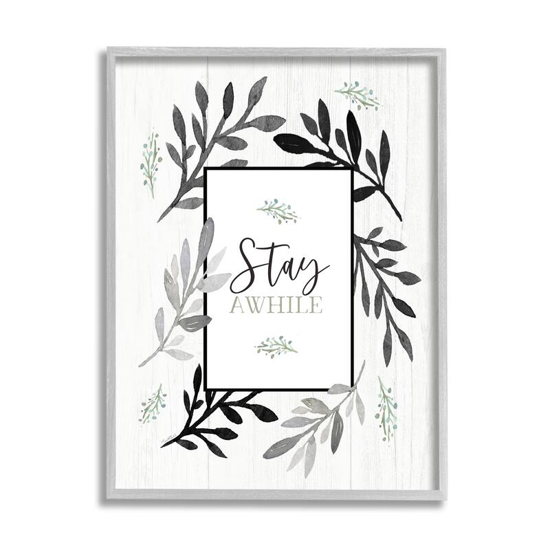 Stupell Stay Awhile Phrase Country Herb Foliage Border Framed Giclee Art Design By Elizabeth Tyndall