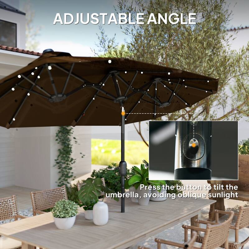 Outdoor Double-Sided Patio Umbrella with 40-Degree Tiltable Canopy 35 Solar LED Lights Steel Frame and Weighted Base