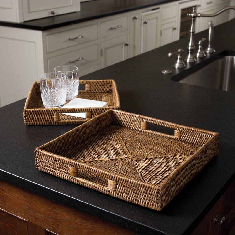 Burma Rattan Square Table Trays, Set Of 2 - 13.75 x 13.75 x 2.5;12.25 x 12.25 x 2.5