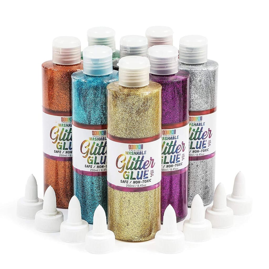 Bright Creations 8 Pack Metallic Art Glue Glitter Bottles - Multicolor for Crafts (8 oz, 16 Caps)