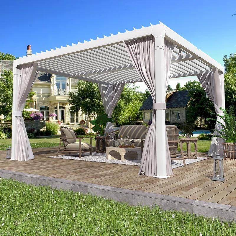 EROMMY Outdoor Louvered Pergola with Adjustable Aluminum Roof – Rainproof Gazebo for Patio & Garden - 10'x10' - White w/ Curtain