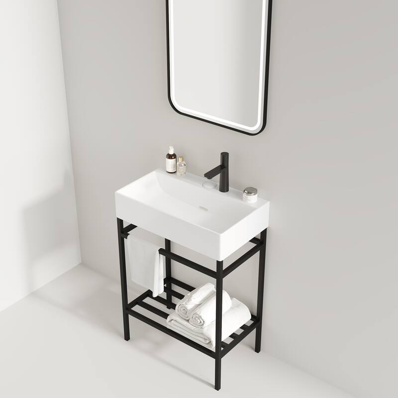 24" LOFI Freestanding Bathroom Vanity with Glossy Red Rectangular Ceramic Basin, Storage Shelves, Open Metal Leg Design