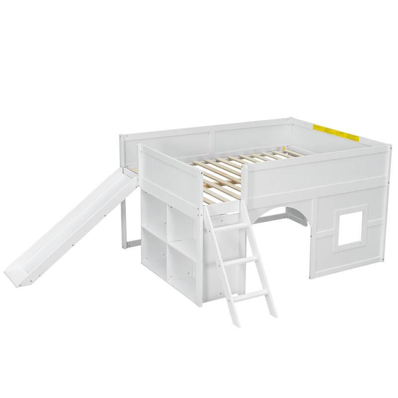 GDFStudio - PlayHaven Modern Wooden Low Loft Bed with Storage Shelves and Slide