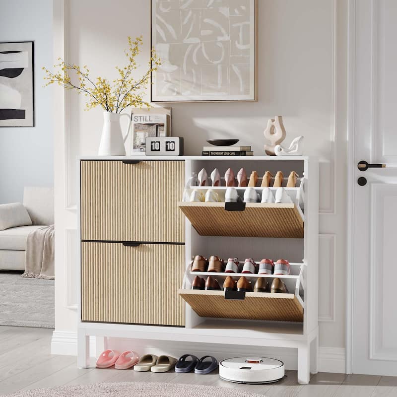 4-Door Farmhouse Shoe Storage Cabinet with Adjustable Shelves - Natural