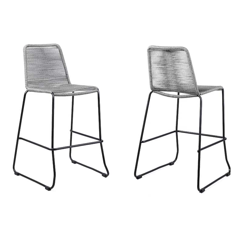 Shasta Black Steel and Rope Indoor Outdoor Bar Height Stackable Patio Bar Stools - Set of 2 - Bar Height