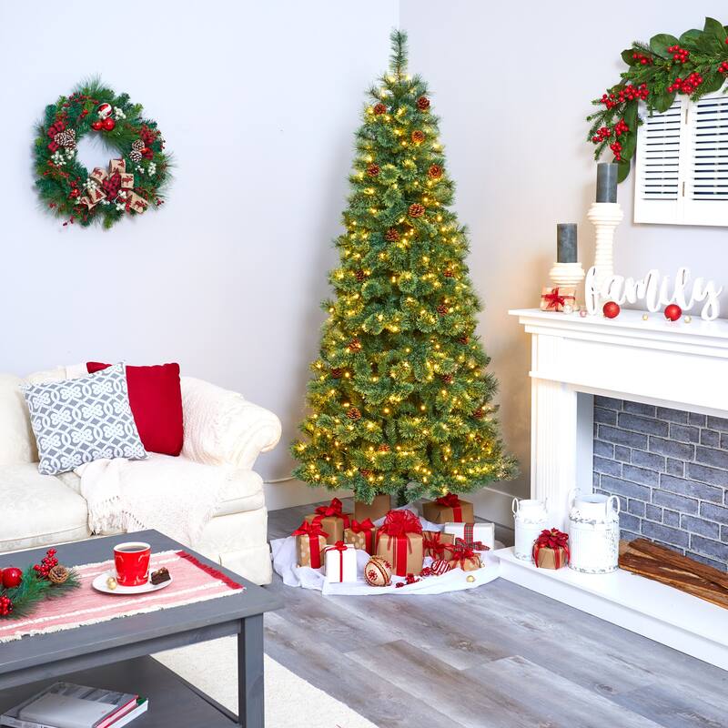 7’ Pre-Lit Mountain Pine Artificial Christmas Tree, Warm Clear LED Lights - 7 Foot