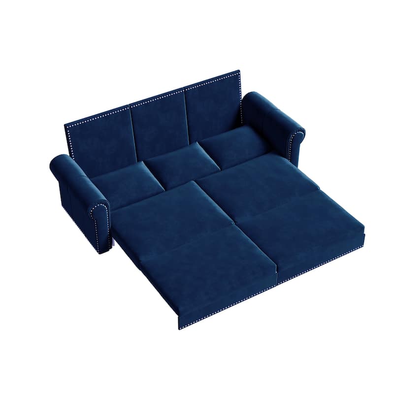 93.7" King Pull Out Sofa Bed w/ Nailhead Trim & Rolled Arm for Living Room Bedroom - Blue