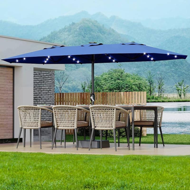 15FT Double-Sided Patio Umbrella with with LED and Base Included for Pool Lawn Garden - Blue
