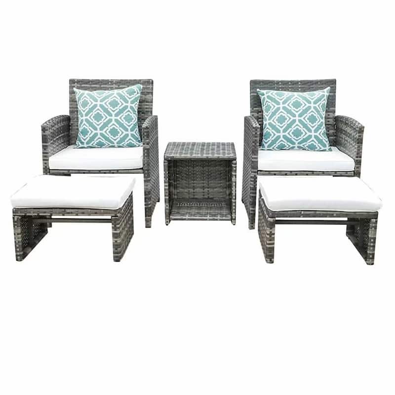 5-piece Outdoor Wicker Seating Set with Chair, Ottoman and Cushion