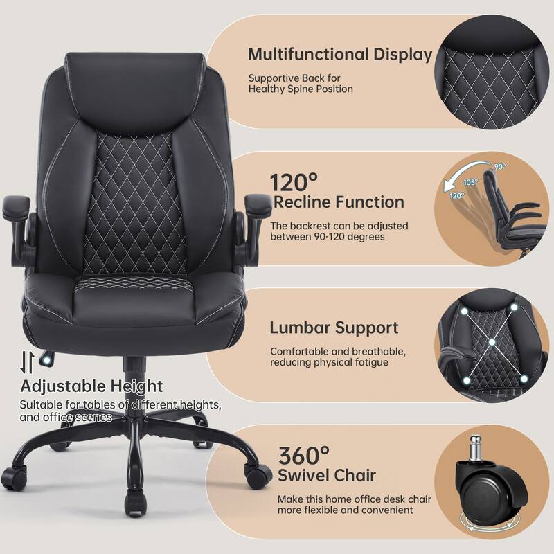 Leather Ergonomic Back Support Swivel Executive Office Chair with Wheels and Flip-Up Armrests, with Adjustable Rocking Function