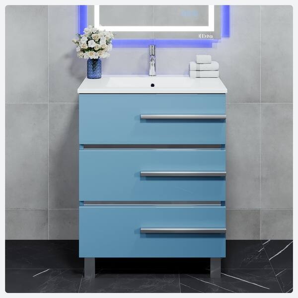 Eviva Olivia 24 in. W x 14 in. D x 34 in. H Bath Vanity in Blue with Single Sink and White Porcelain Top