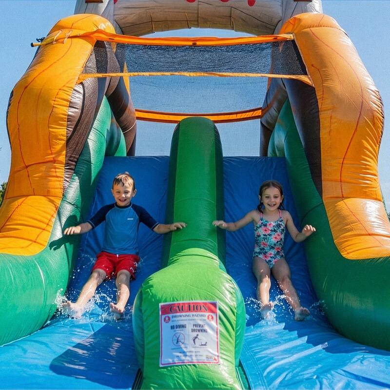 HeroKiddo T-Rex Adventure 12' Tall Dual Lane Inflatable Water Slide with Pool, Commercial PVC, Kids and Adults, Blower Included