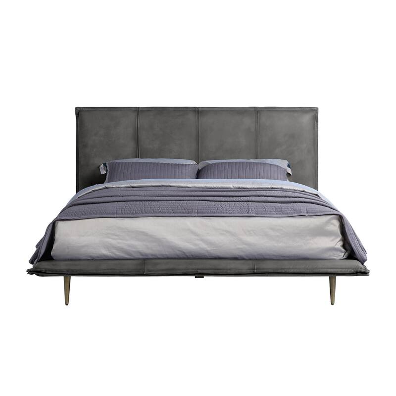 Top Grain Leather Bed with Metal Legs in Gray Finish