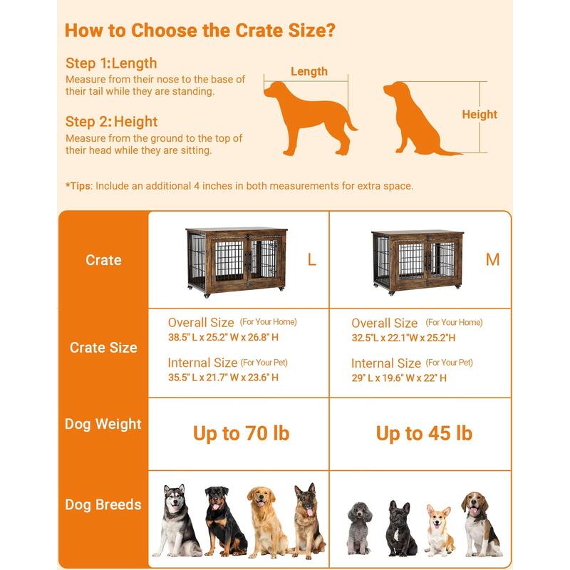 Dog Crate Furniture with Cushion Double Doors Wooden Dog Kennel